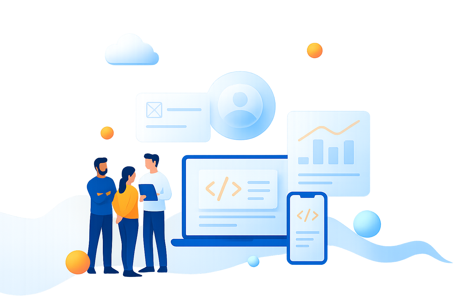Illustration of connected web, mobile, cloud, and analytics experiences